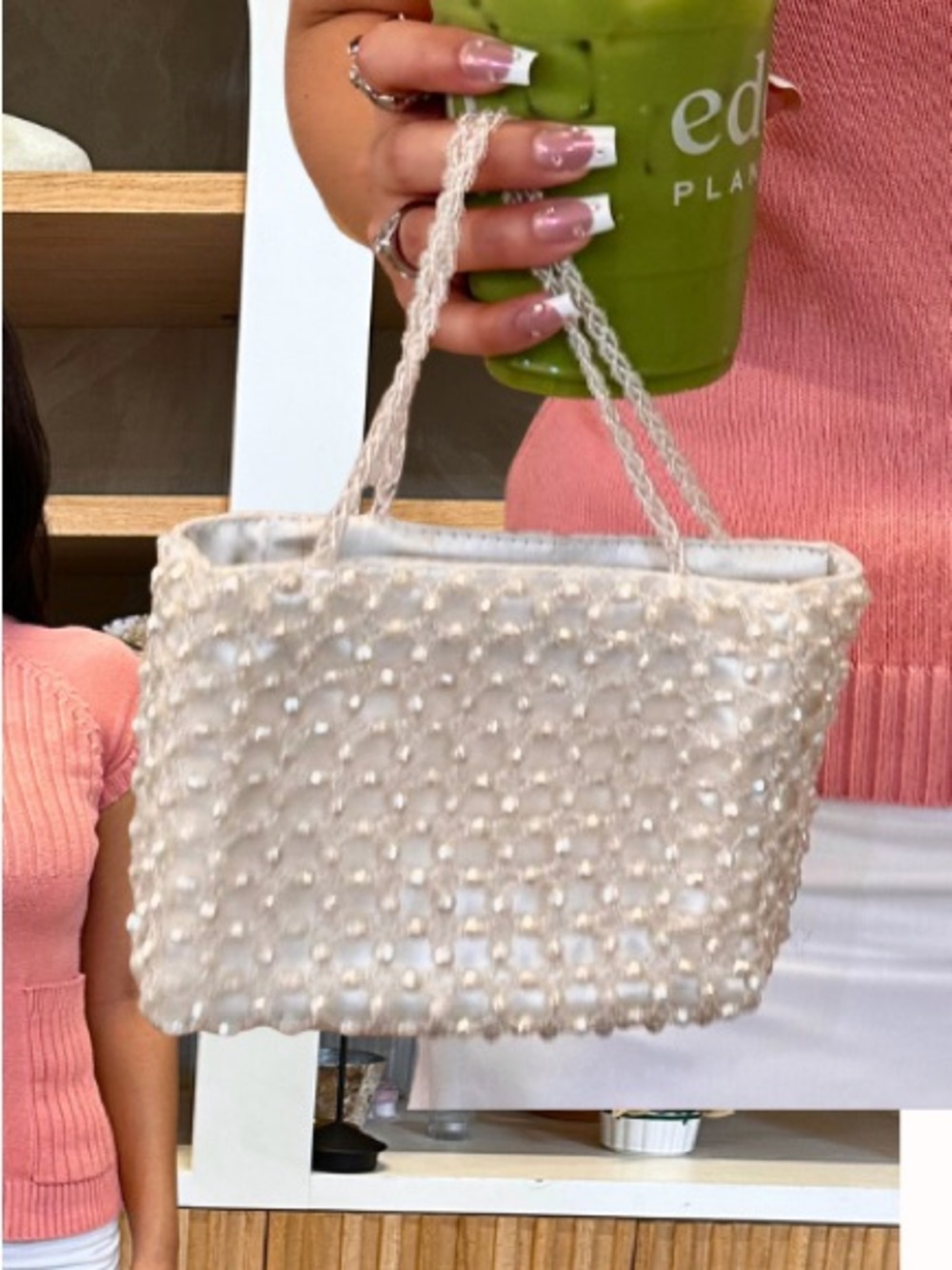 Elegant Pearl-Embellished Cream Tote Bag